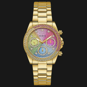 Guess Confetti Chronograph Rainbow Dial Gold Steel Strap Watch For Women - GW0483L4 Authentic Buy Shop Now