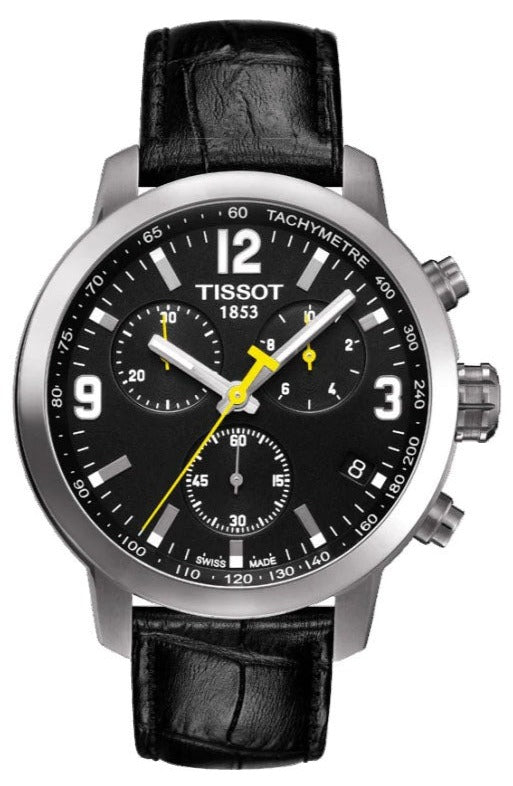 Tissot PRC 200 Chronograph Black Dial Black Leather Strap Watch For Men - T055.417.16.057.00 Authentic Buy Shop Now