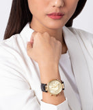 Michael Kors Sawyer Champagne Dial Black Leather Strap Watch for Women - MK2433 Authentic Buy Shop Now