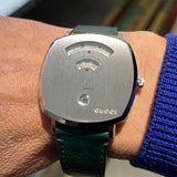 Gucci Grip Silver Dial Green Leather Strap Unisex Watch - YA157412 Authentic Buy Shop Now