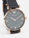 Emporio Armani Gianni T Bar Black Mother of Pearl Dial Black Leather Strap Watch For Women - AR11060 Authentic Buy Shop Now