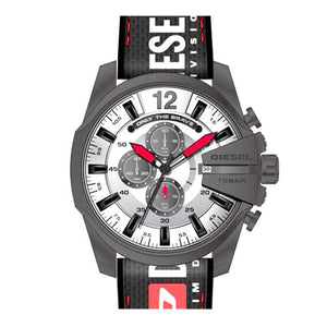 Diesel Mega Chief Chronograph Silver Dial Black Leather Strap Watch For Men - DZ4512 Authentic Buy Shop Now