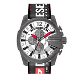 Diesel Mega Chief Chronograph Silver Dial Black Leather Strap Watch For Men - DZ4512 Authentic Buy Shop Now