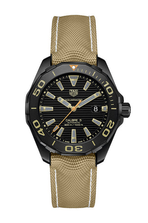 Tag Heuer Aquaracer 300 Calibre 5 Automatic Black Dial Brown Nylon Strap Watch for Men - WAY208C.FC6383 Authentic Buy Shop Now