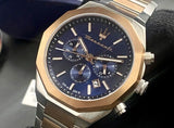 Maserati Stile Chronograph Blue Dial Rose Gold Two Tone Strap Watch For Men - R8873642002 Authentic Buy Shop Now