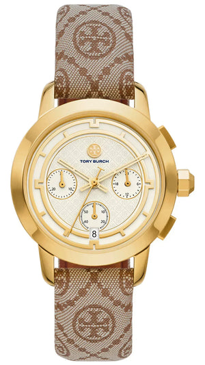 Tory Burch The Tory Chronograph White Dial Maroon Jacquard Strap Watch for Women - TBW1050 Authentic Buy Shop Now