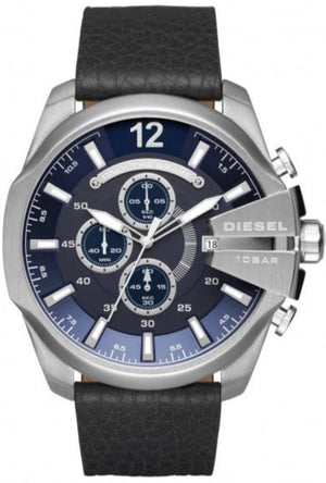 Diesel Mega Chief Chronograph Blue Dial Black Leather Strap Watch For Men - DZ4423 Authentic Buy Shop Now