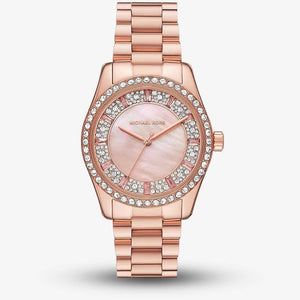 Michael Kors Lexington Three Hand Mother of Pearl Pink Dial Rose Gold Steel Strap Watch For Women - MK7444 Authentic Buy Shop Now
