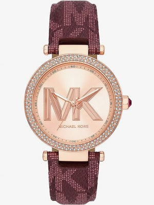 Michael Kors Parker Rose Gold Dial Maroon Leather Strap Watch For Women - MK2974 Authentic Buy Shop Now