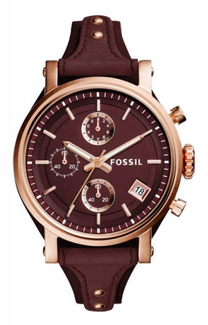 Fossil Original Boyfriend Sport Chronograph Maroon Dial Maroon Leather Strap Watch for Women - ES4114 Authentic Buy Shop Now