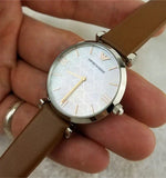 Emporio Armani Gianni T-Bar White Dial Brown Leather Strap Watch for Women - AR1988 Authentic Buy Shop Now