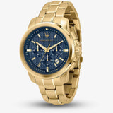 Maserati Successo Chronograph Blue Dial Gold Steel Strap Watch For Men - R8873621021 Authentic Buy Shop Now
