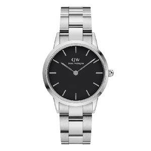 Daniel Wellington Iconic Link Black Dial Silver Steel Strap Watch For Women - DW00100206 Authentic Buy Shop Now