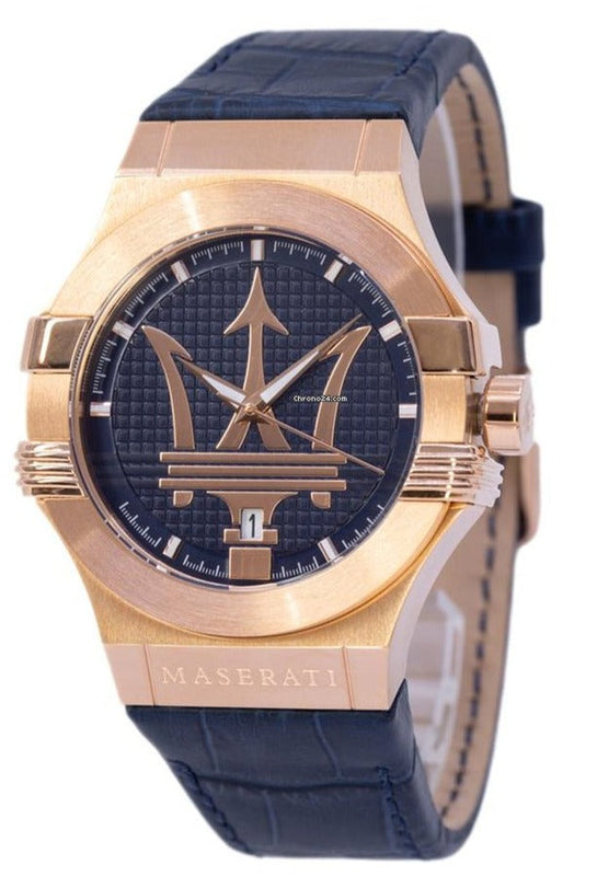 Maserati Potenza 42mm Rose Gold & Blue Dial Blue Leather Strap Watch For Men - R8851108027 Authentic Buy Shop Now