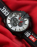 Diesel Mega Chief Chronograph Silver Dial Black Leather Strap Watch For Men - DZ4512 Authentic Buy Shop Now