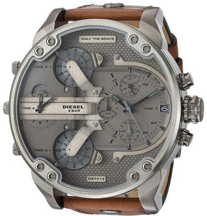 Diesel Mr Daddy Chronograph Grey Dial Brown Leather Strap Watch For Men - DZ7413 Authentic Buy Shop Now