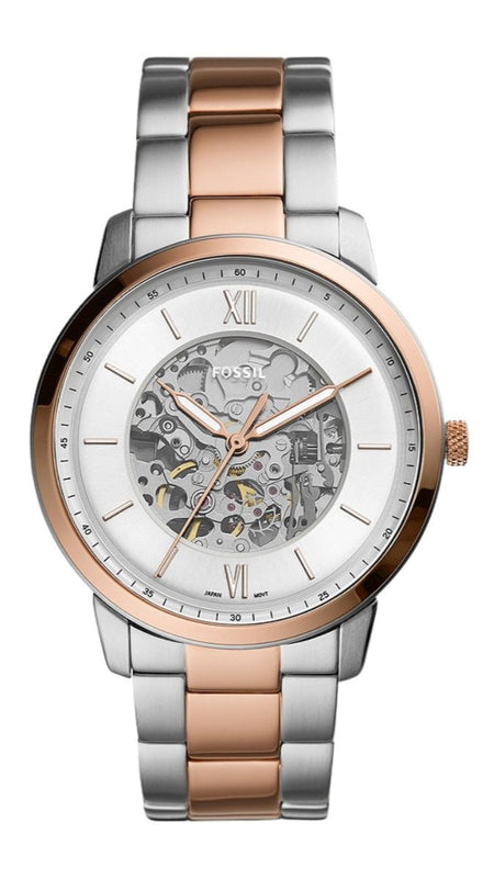 Fossil Neutra Automatic Skeleton White Dial Two Tone Steel Strap Watch for Men - ME3196 Authentic Buy Shop Now