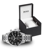 Hugo Boss Aeroliner Chronograph Quartz Black Dial Silver Steel Strap Watch For Men - HB1512446 Authentic Buy Shop Now