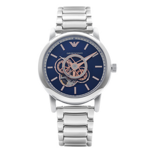 Emporio Armani Luigi Chronograph Skeleton Blue Dial Silver Steel Strap Watch For Men - AR60036 Authentic Buy Shop Now