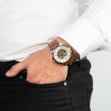 Fossil Grant Automatic Beige Skeleton Dial Brown Leather Strap Watch for Men - ME3099 Authentic Buy Shop Now
