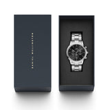 Daniel Wellington Iconic Chronograph Link Black Dial Silver Steel Strap Watch For Men - DW00100645 Authentic Buy Shop Now