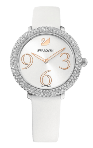 Swarovski Crystal Frost Silver Dial White Leather Strap Watch for Women - 5484070 Authentic Buy Shop Now