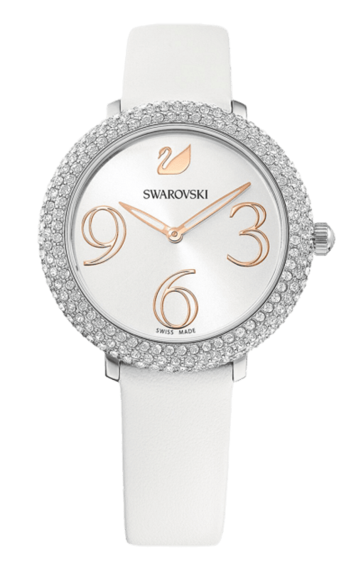 Swarovski Crystal Frost Silver Dial White Leather Strap Watch for Women - 5484070 Authentic Buy Shop Now