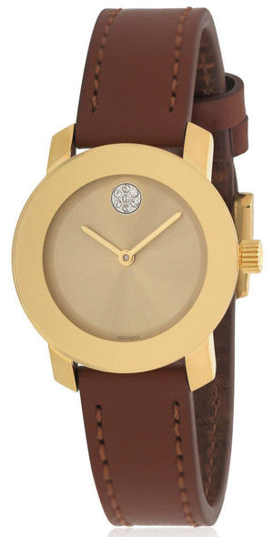 Movado Bold Gold Dial Brown Leather Strap Watch for Women - 3600437 Authentic Buy Shop Now