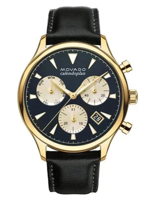 Movado Heritage Chronograph Calendoplan Blue Dial Black Leather Strap Watch for Men - 3650006 Authentic Buy Shop Now