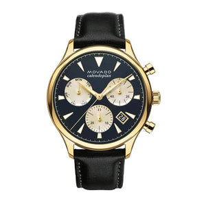 Movado Heritage Chronograph Calendoplan Blue Dial Black Leather Strap Watch for Men - 3650006 Authentic Buy Shop Now