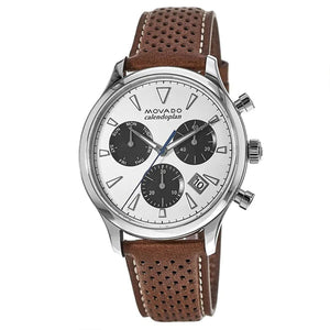 Movado Heritage Calendoplan Chronograph White Dial Brown Leather Strap Watch for Men - 3650008 Authentic Buy Shop Now