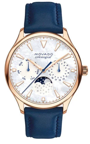 Movado Heritage Celestograf White Mother of Pearl Dial Blue Leather Strap Watch For Women - 3650011 Authentic Buy Shop Now