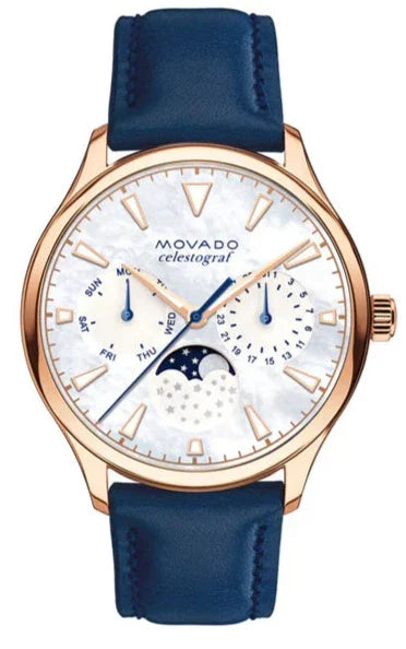 Movado Heritage Celestograf White Mother of Pearl Dial Blue Leather Strap Watch For Women - 3650011 Authentic Buy Shop Now