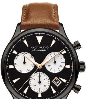 Movado Heritage Calendoplan Chronograph Black Dial Brown Leather Strap Watch for Men - 3650022 Authentic Buy Shop Now