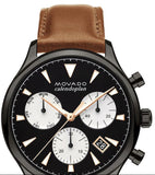 Movado Heritage Calendoplan Chronograph Black Dial Brown Leather Strap Watch for Men - 3650022 Authentic Buy Shop Now