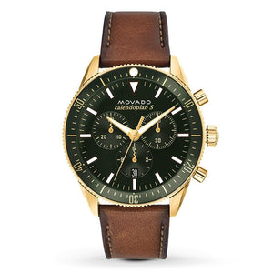 Movado Heritage Chronograph Green Dial Brown Leather Strap Watch For Men - 3650062 Authentic Buy Shop Now