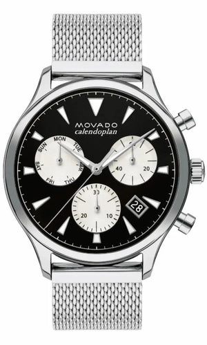 Movado Heritage Calendoplan Chronograph Black Dial Silver Mesh Strap Watch for Men - 3650097 Authentic Buy Shop Now