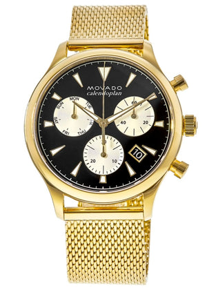 Movado Heritage Calendoplan Chronograph Black Dial Gold Mesh Strap Watch for Men - 3650098 Authentic Buy Shop Now