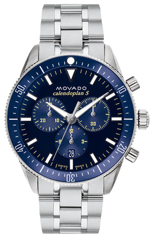 Movado Heritage Calendoplan Chronograph Blue Dial Silver Steel Strap Watch For Men - 3650124 Authentic Buy Shop Now
