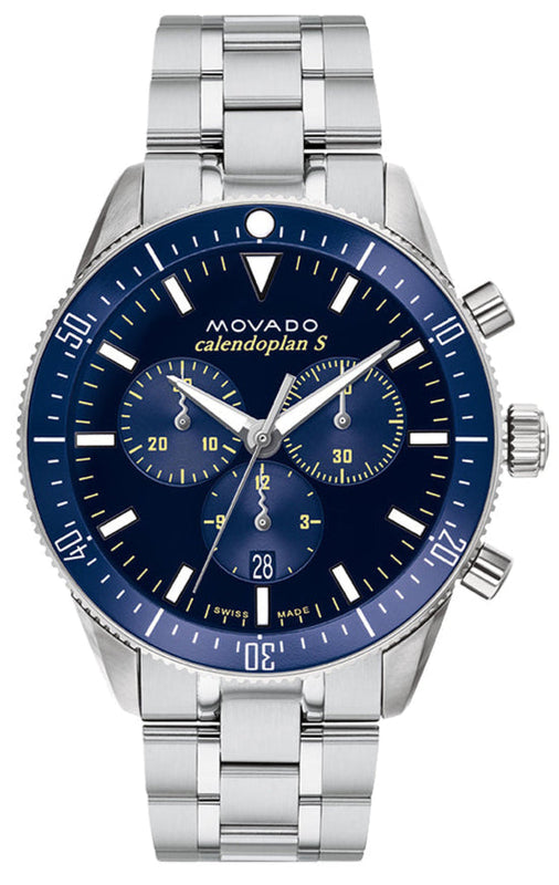Movado Heritage Calendoplan Chronograph Blue Dial Silver Steel Strap Watch For Men - 3650124 Authentic Buy Shop Now