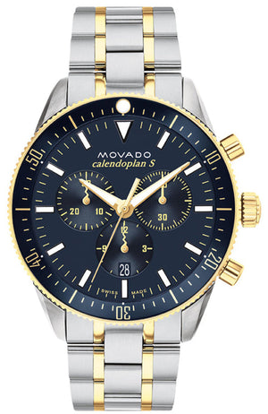 Movado Heritage Calendoplan Chronograph Blue Dial Two Tone Steel Strap Watch For Men - 3650126 Authentic Buy Shop Now