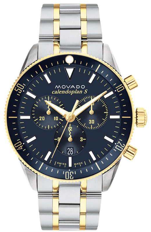 Movado Heritage Calendoplan Chronograph Blue Dial Two Tone Steel Strap Watch For Men - 3650126 Authentic Buy Shop Now