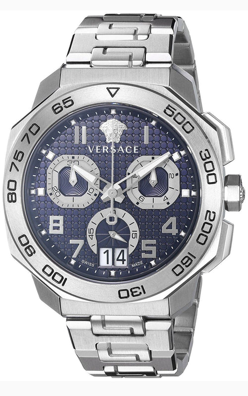 Versace Dylos Chronograph Blue Dial Silver Steel Strap Watch for Men - VQC090016 Authentic Buy Shop Now