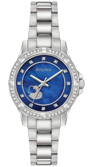 Bulova Crystal Collection Blue Mother of Pearl Dial Silver Steel Strap Watch for Women - 96L238 Authentic Buy Shop Now