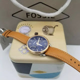 Fossil Tailor Date-Day Quartz Blue Dial Brown Leather Strap Watch for Women - ES4257 Authentic Buy Shop Now