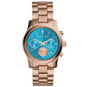 Michael Kors Runway Chronograph Turquoise Dial Rose Gold Steel Strap Watch For Women - MK6164 Authentic Buy Shop Now