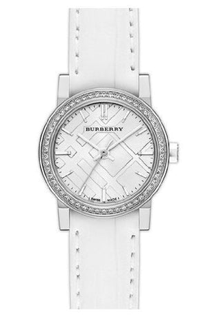 Burberry The City Diamonds Silver Dial White Leather Strap Watch for Women - BU9221 Authentic Buy Shop Now