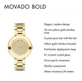Movado Bold Crystal Gold Dial Gold Steel Strap Watch For Women - 3600492 Authentic Buy Shop Now