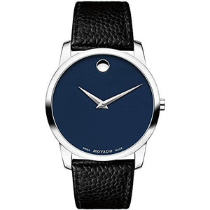 Movado Museum Blue Dial Black Leather Strap Watch For Men - 607013 Authentic Buy Shop Now