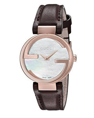 Gucci G Interlocking Mother of Pearl Dial Brown Leather Strap Watch For Women - YA133516 Authentic Buy Shop Now